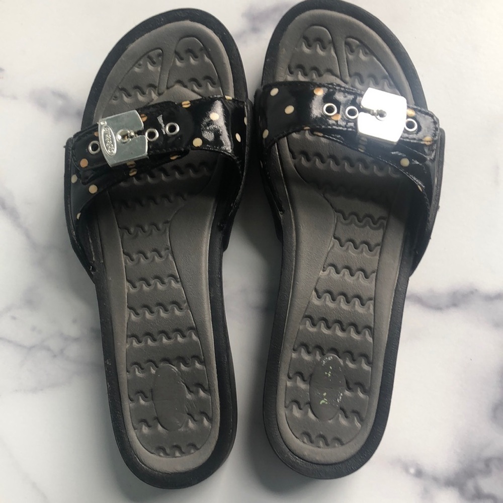 Dr. Scholl's Rock On Comfort Black Polka Dot Wedge Sandal Slides Size 6.5